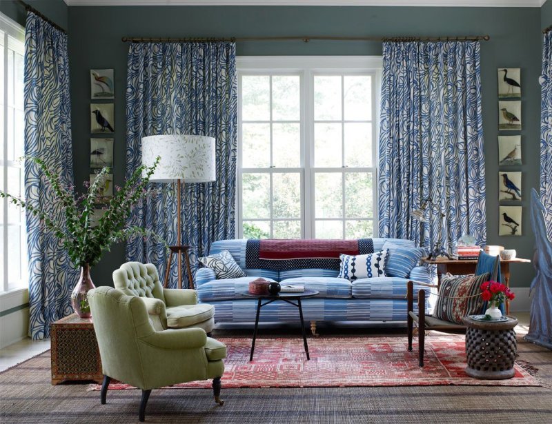 The interior is blue sofa