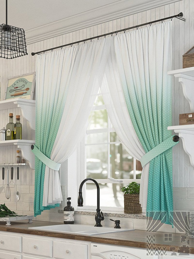 Mint curtains in the kitchen