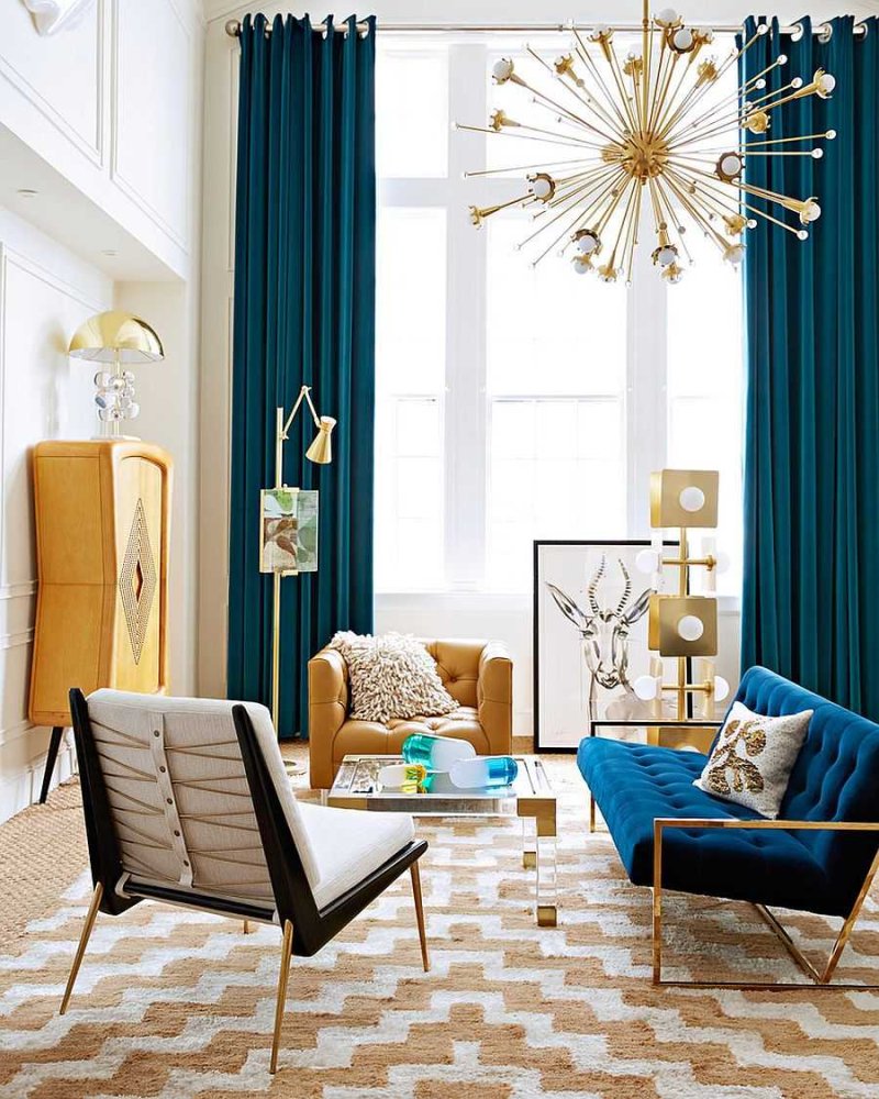 Living room interior with turquoise sofa