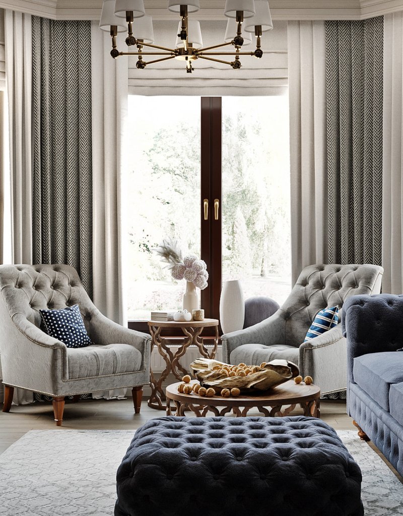 Velvet curtains in the interior of the living room