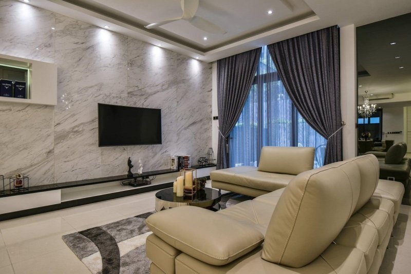 Living room with marble wall