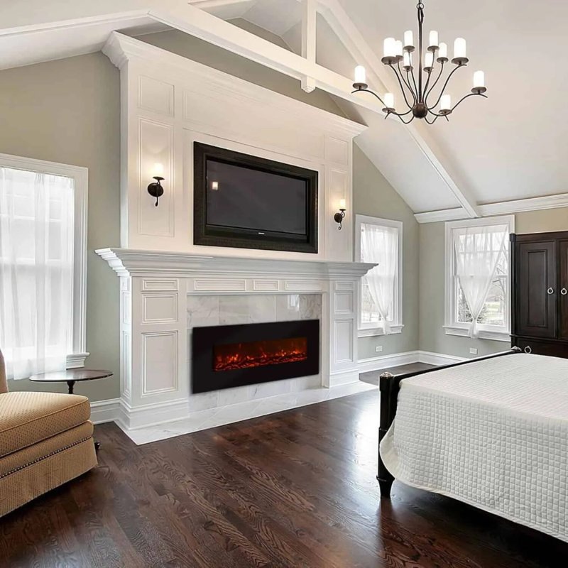 A fireplace in the bedroom