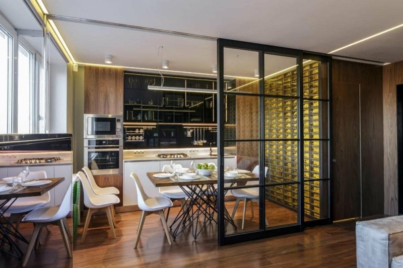 Kitchen living room with a glass partition