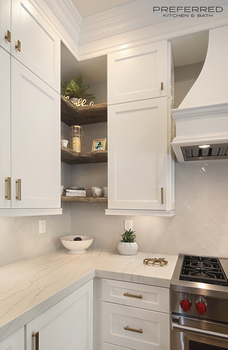 Open corner shelves in the kitchen