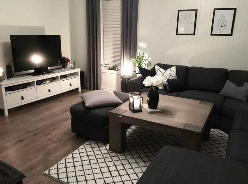 Ikea black furniture in the interior of the living room