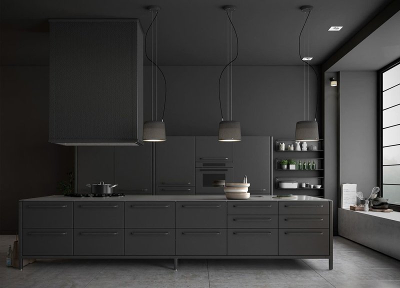 The kitchen is dark gray