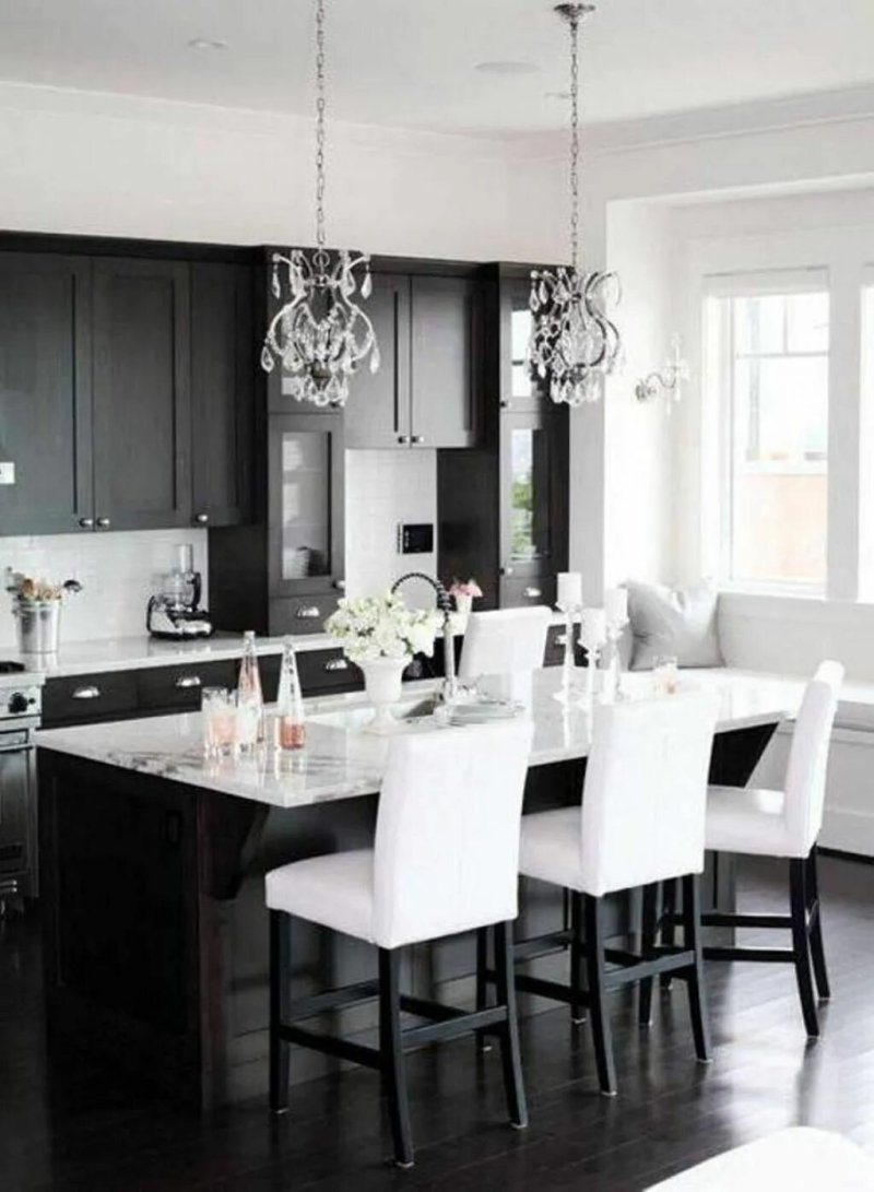 The interior of black white kitchen