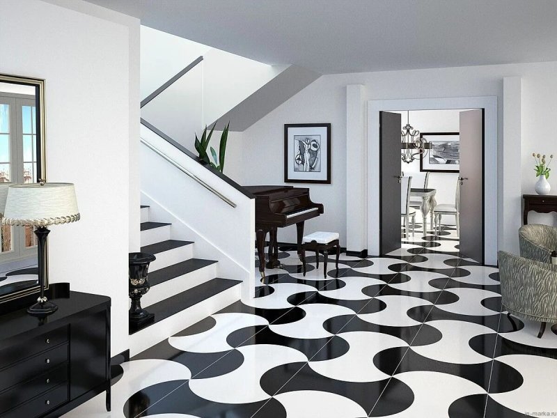 Black white tiles on the floor