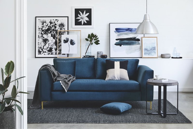 Gray blue sofa in the interior