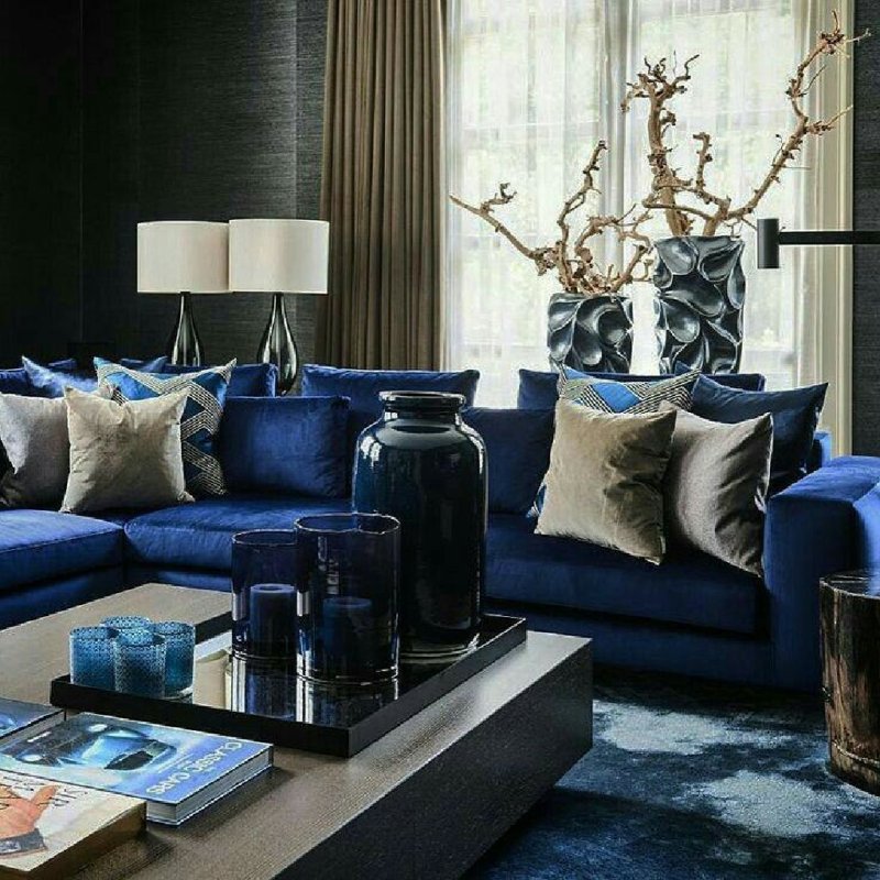 Living room with a blue sofa