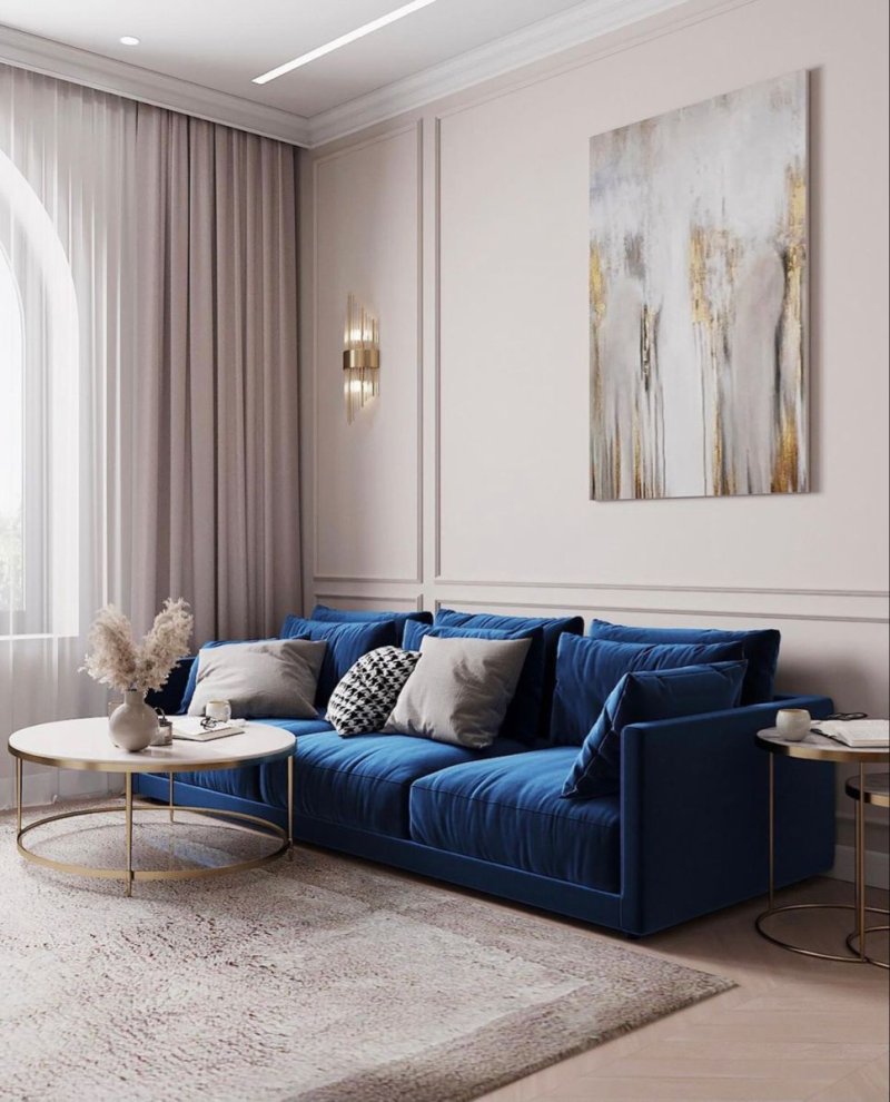 Living room with a blue sofa