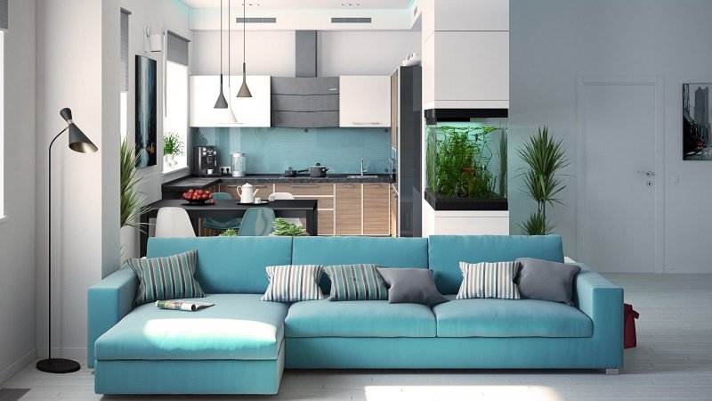 The kitchen is the living room turquoise