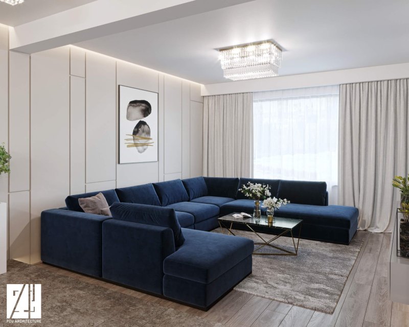 Kitchen living room with a blue sofa