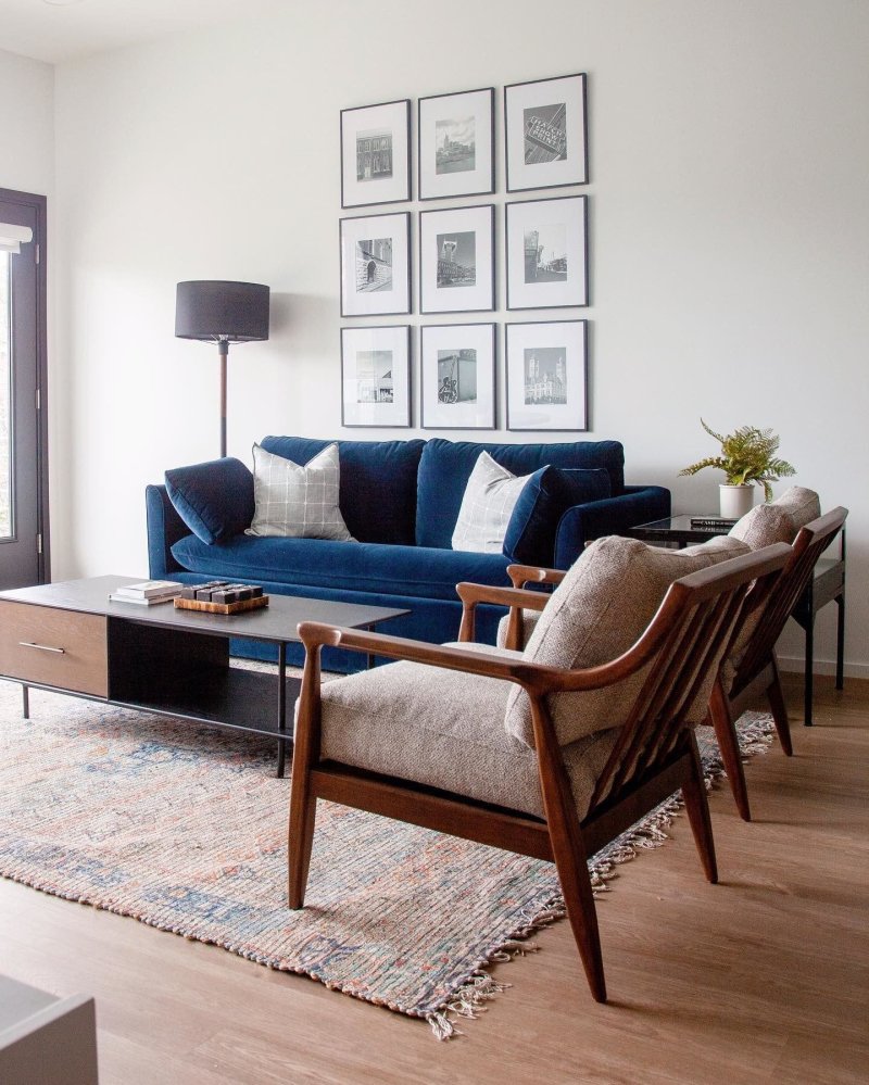 Blue sofa in the interior of the studio