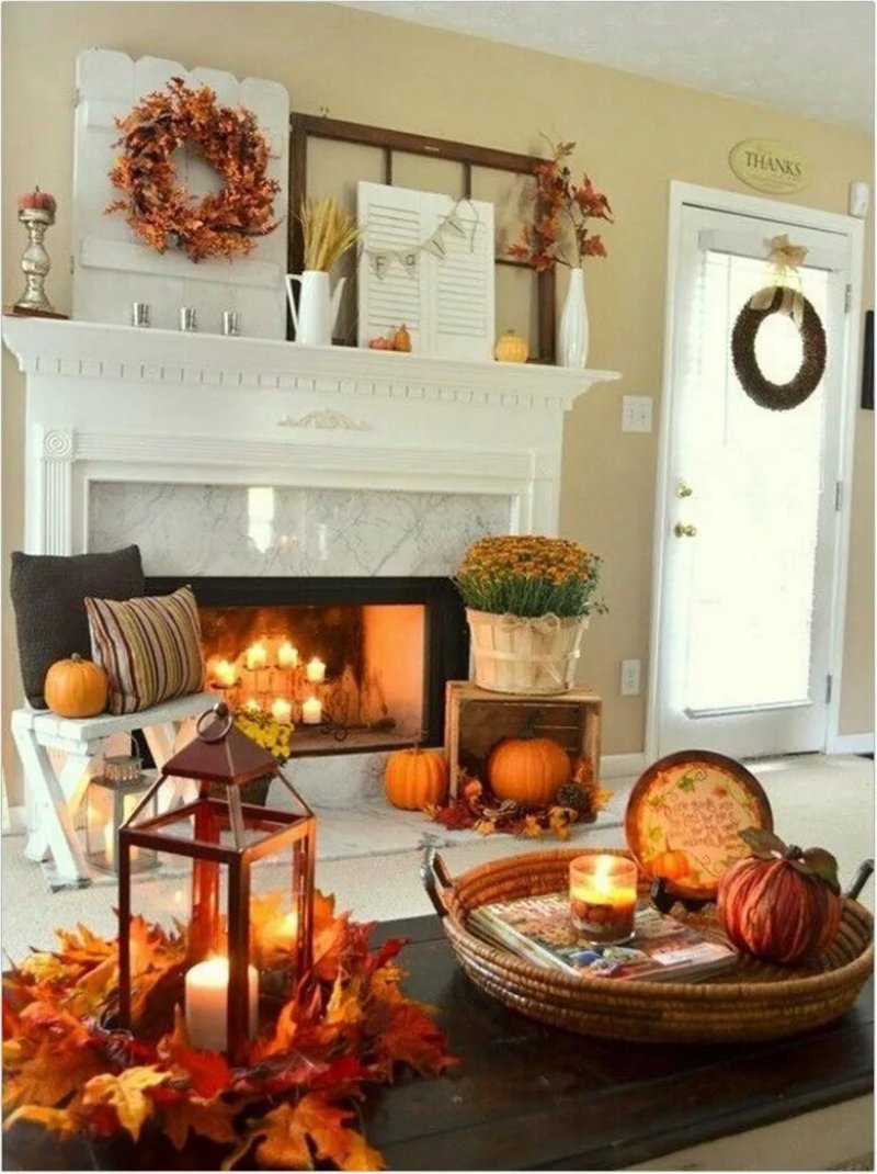 The autumn decor of the fireplace