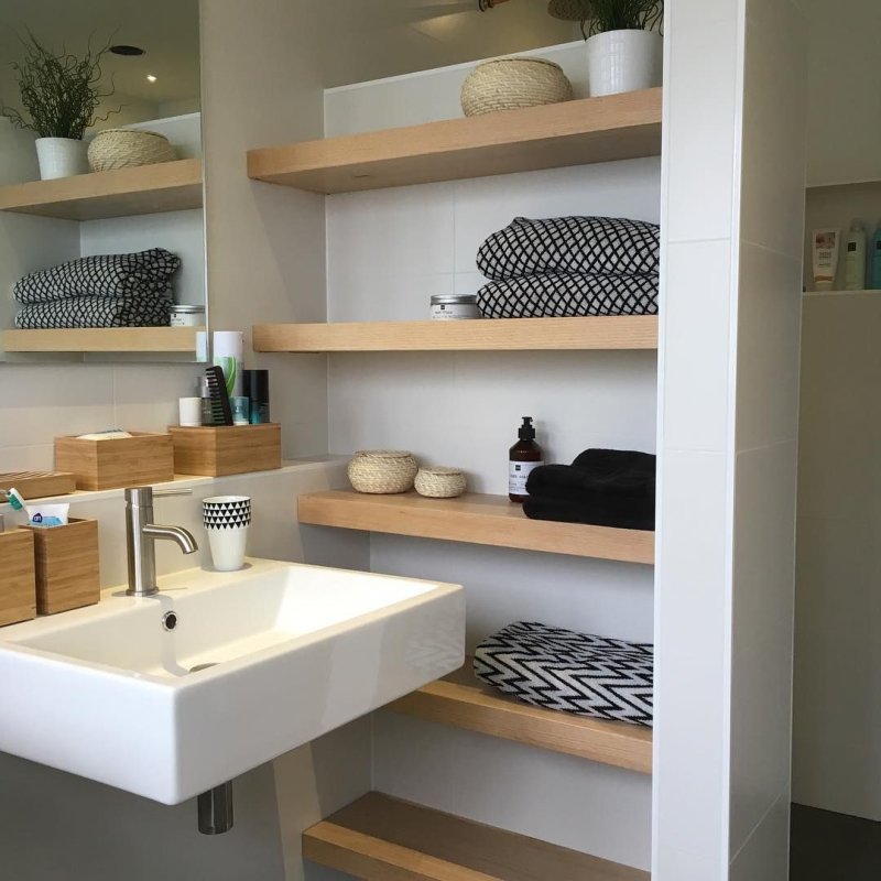 Wooden shelf in the bathroom