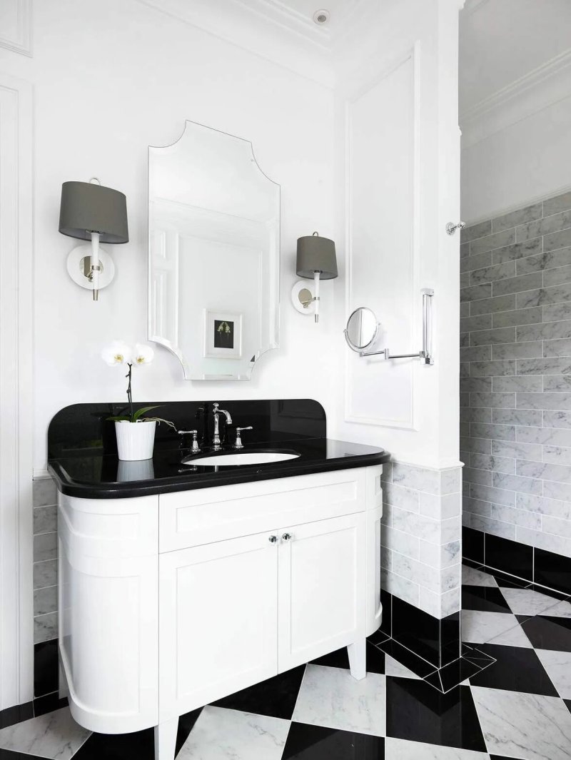 White bathroom with black accessories