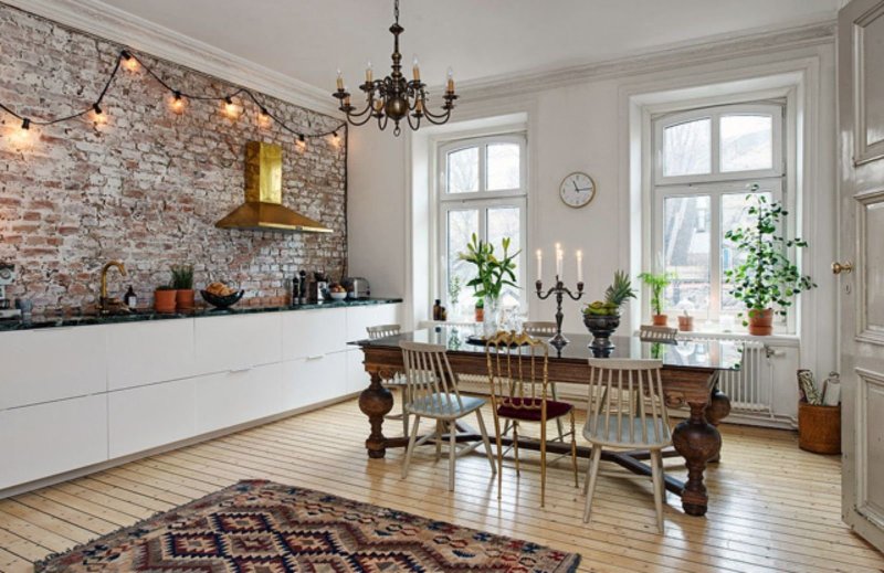 Brick wall in the interior of the kitchen