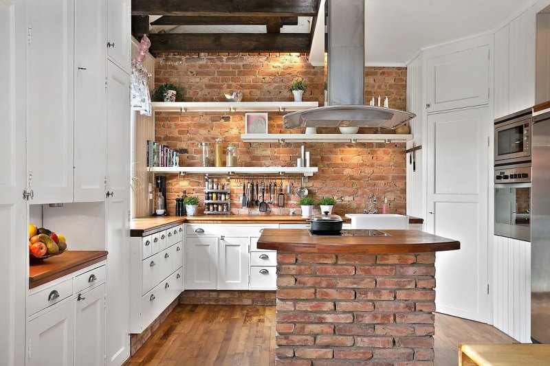 Brick in the interior of the kitchen