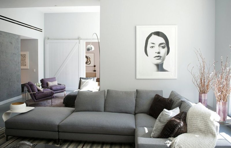 Gray sofa in the interior of the living room