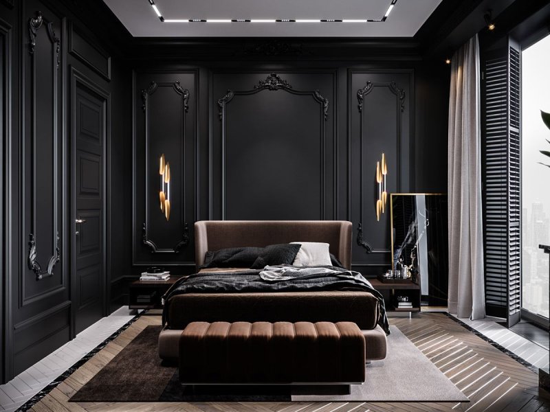 The dark interior of the bedroom