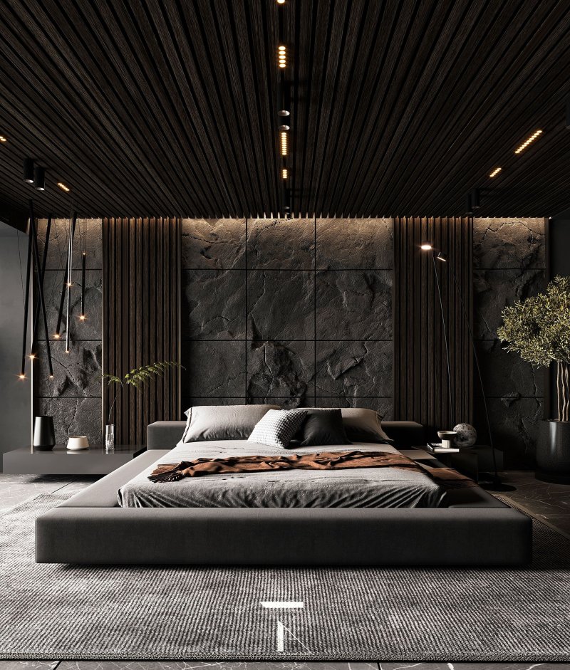 Black interior of the bedroom