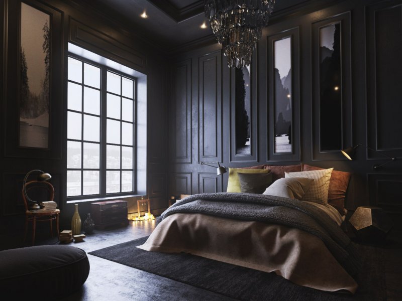 The dark interior of the bedroom