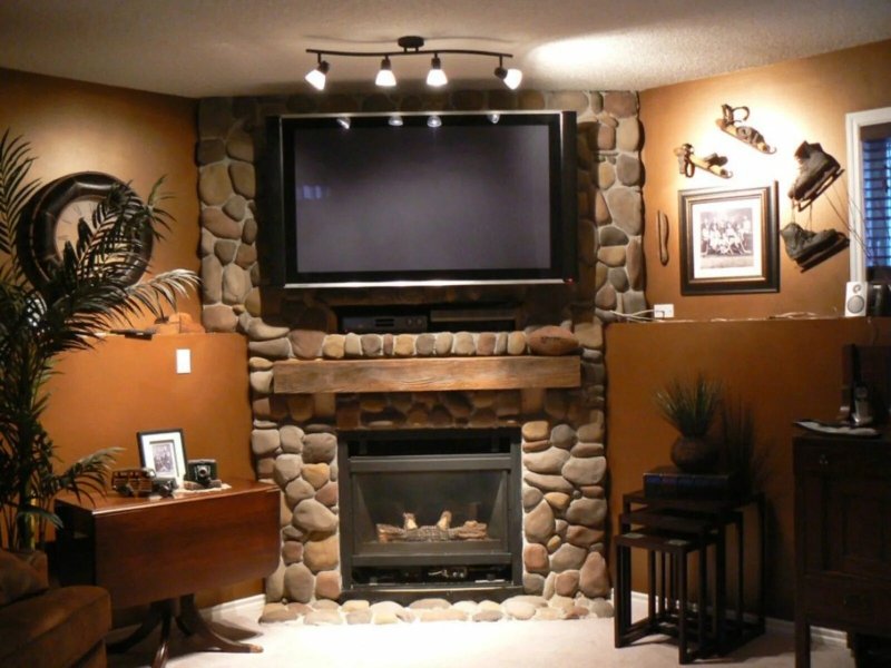 Stone wall in the interior of the living room