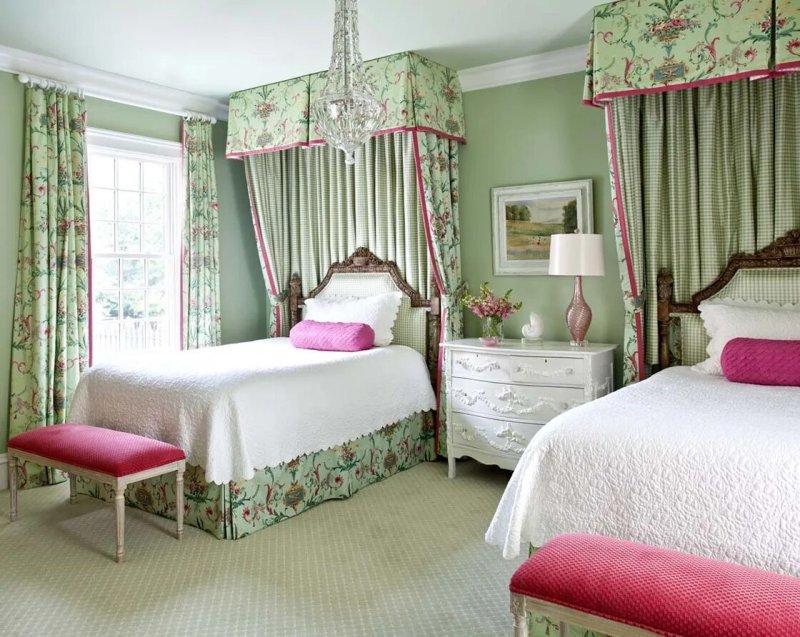 Green pink bedroom interior