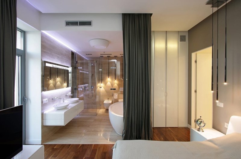 The bedroom combined with the bathroom