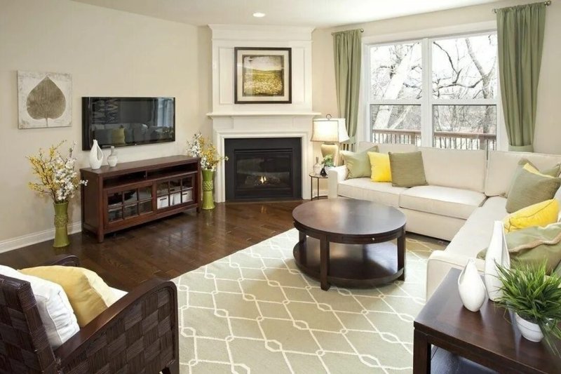 Living room with corner fireplace