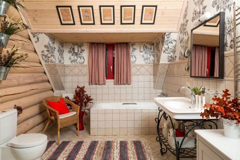 Bathroom in a log house in the style of Provence