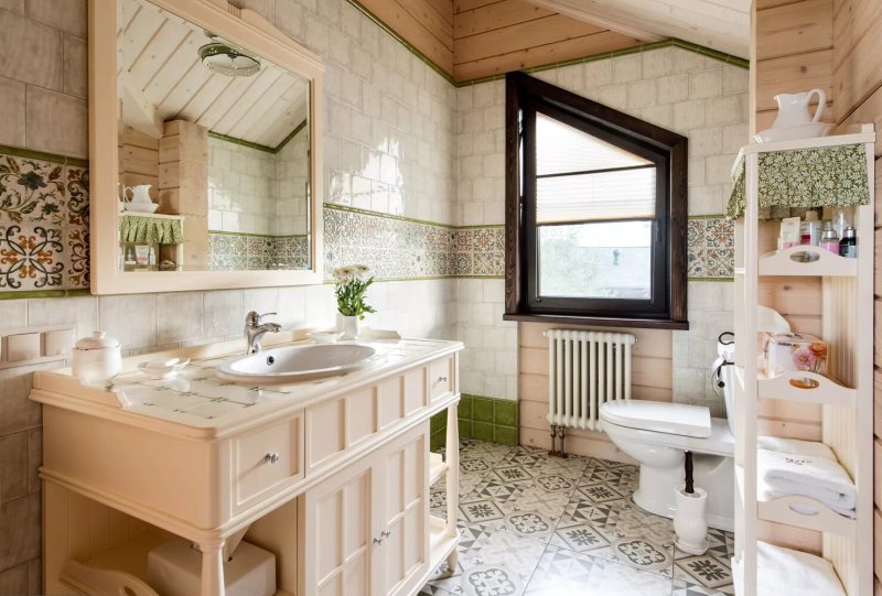 Bathroom in a log house in the style of Provence