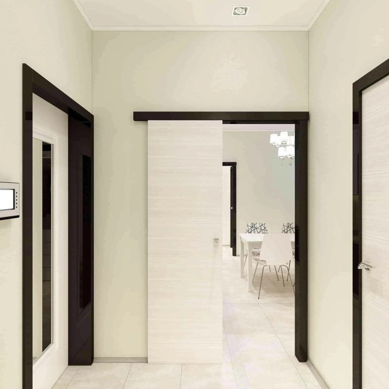 Bright hallway with dark doors