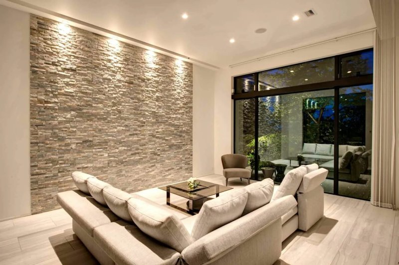 Living room with decorative stone