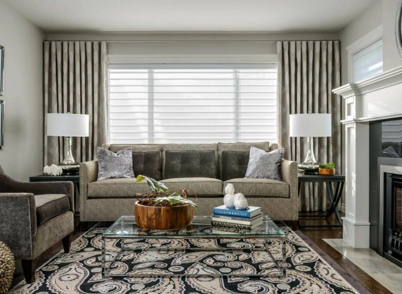 Gray curtains in the interior of the living room