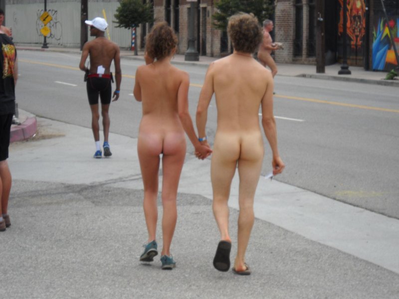 Naked people on the streets of city