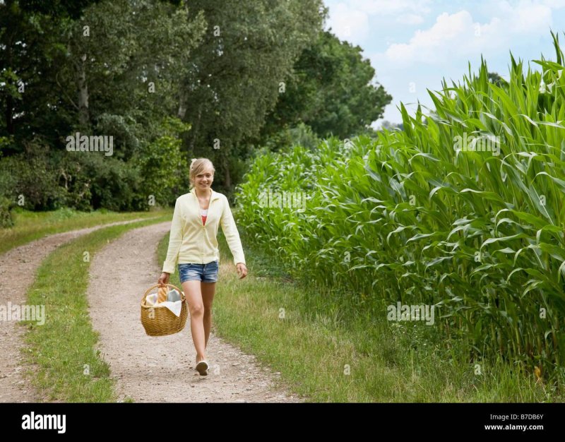 Girl with a basket walks