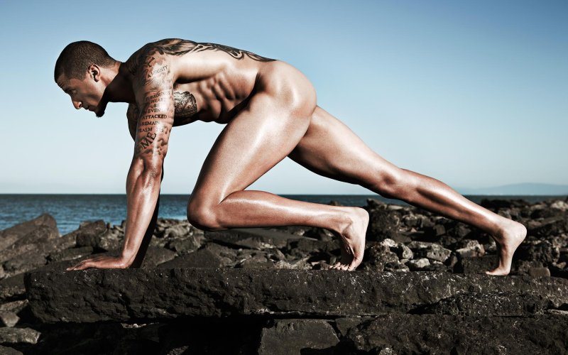 Naked athletes in nature