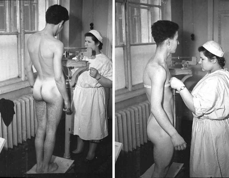 Naked men on a retro medical examination