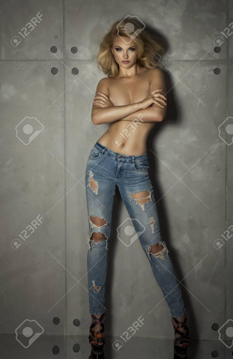 Beautiful girls in jeans topless