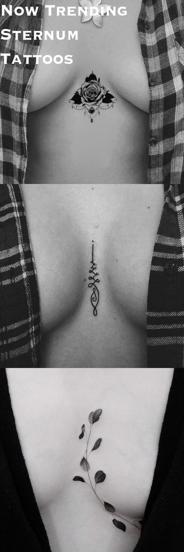 Unalome tattoo between the sternum