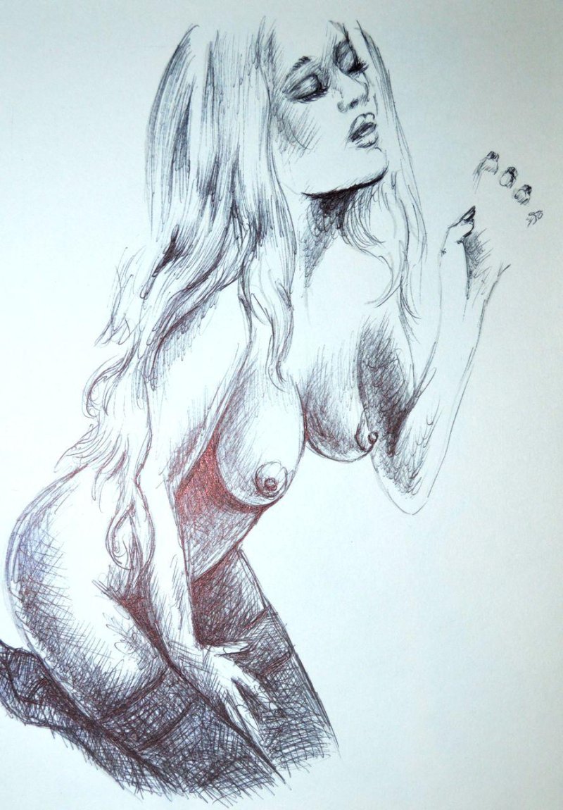 Drawings of girls with a pencil