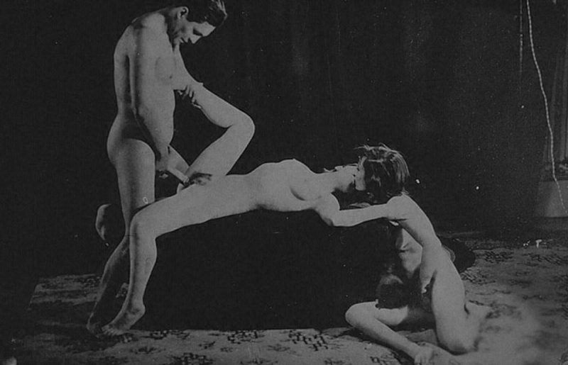 Naked woman with a retro guy