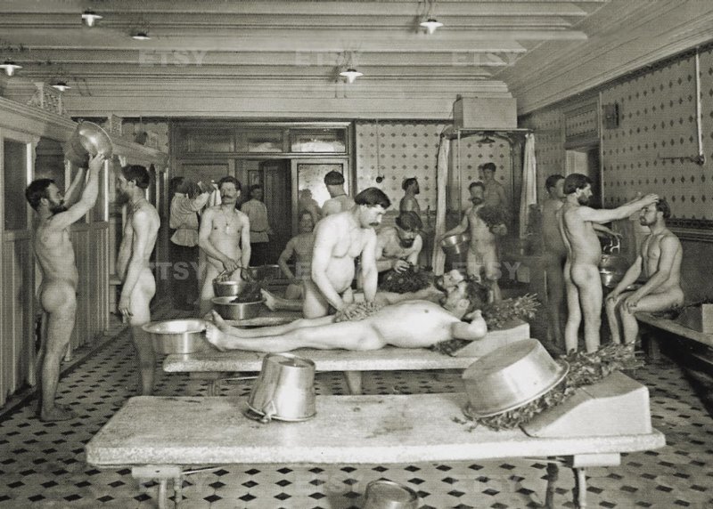 Naked in a public bath