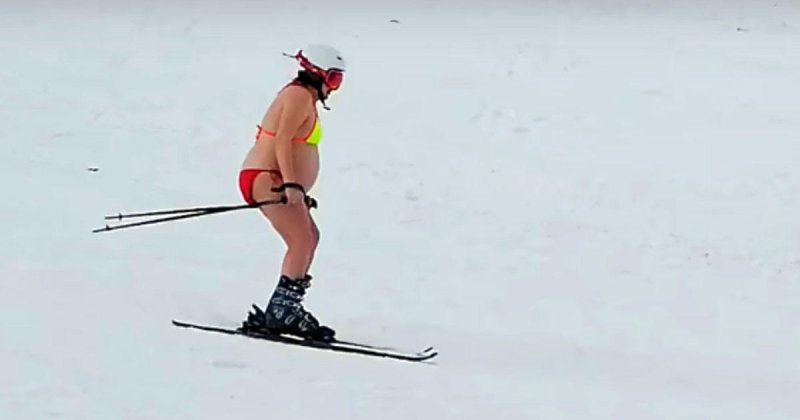 Naked on mountain skis